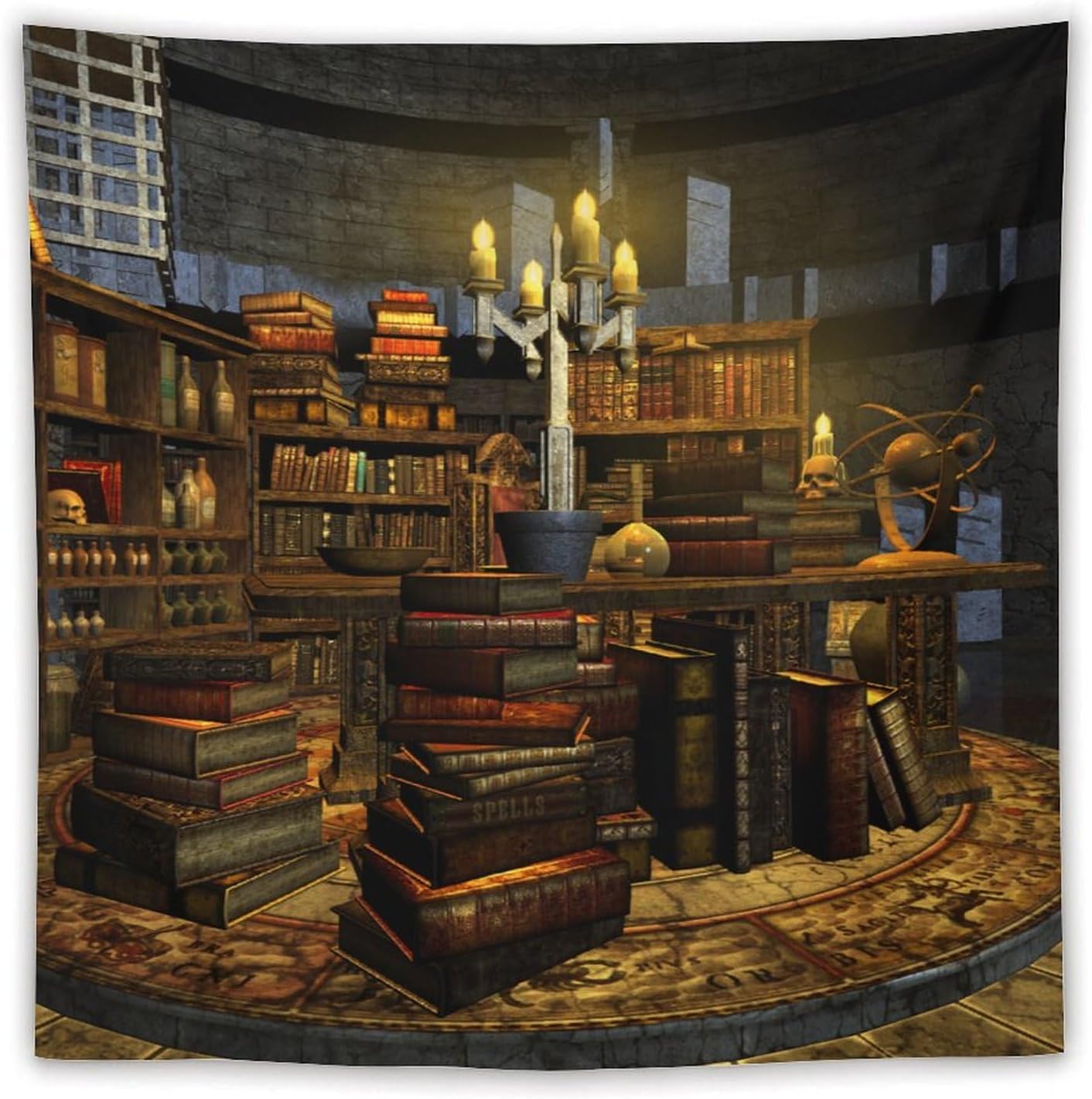 Kurtect Library Tapestry,Vintage Medieval Bookshelf Wooden Bookcase Antique Magic Art Tapestries for Party Beach Picnic Blankets Tablecloths Living Room Wall Deocr, 60x60 in