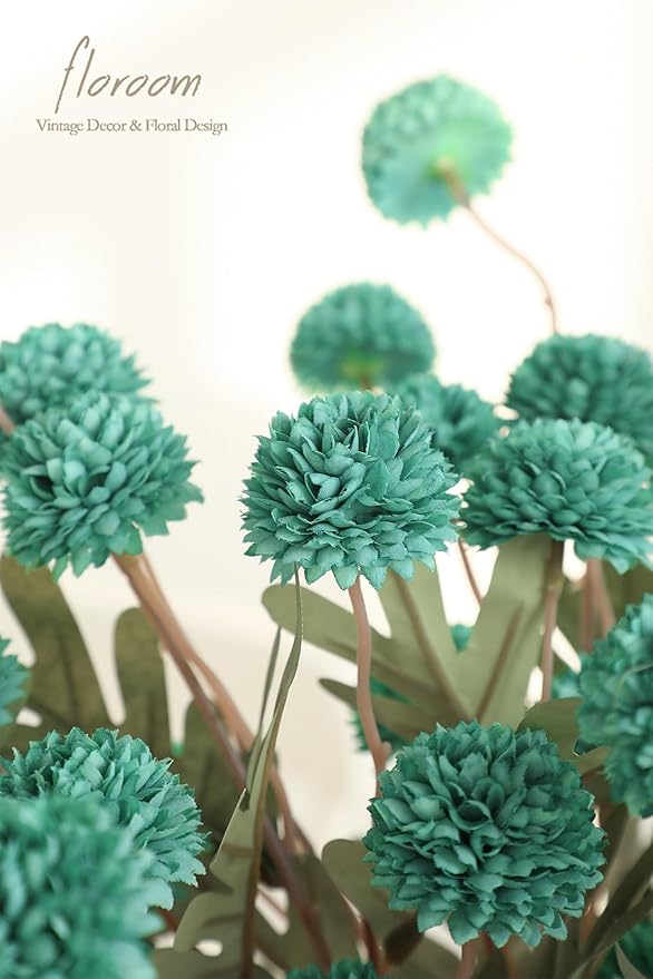 Floroom 5pcs Teal Green Faux Silk Mums Artificial Flowers, Bulk Fake Small Mini Chrysanthemums with Stems for DIY Wedding Centerpieces Floral Arrangements Vase Fillers Home Decorations