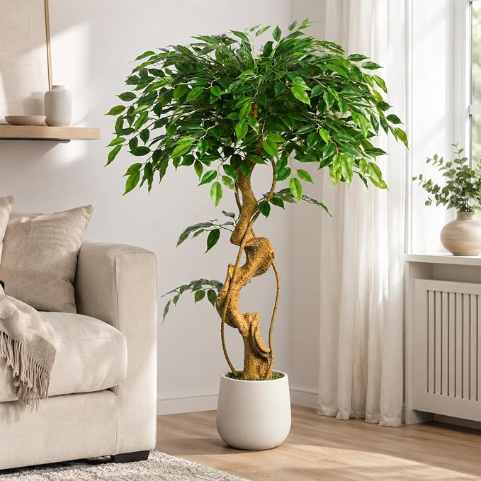 4FT Artificial Ficus Tree, 48in Fake Silk Tree with Curved Trunk & 930 Lush Leaves, Faux Floor Plant with White Pot, Low-Maintenance Decor for Home, Office, Patio