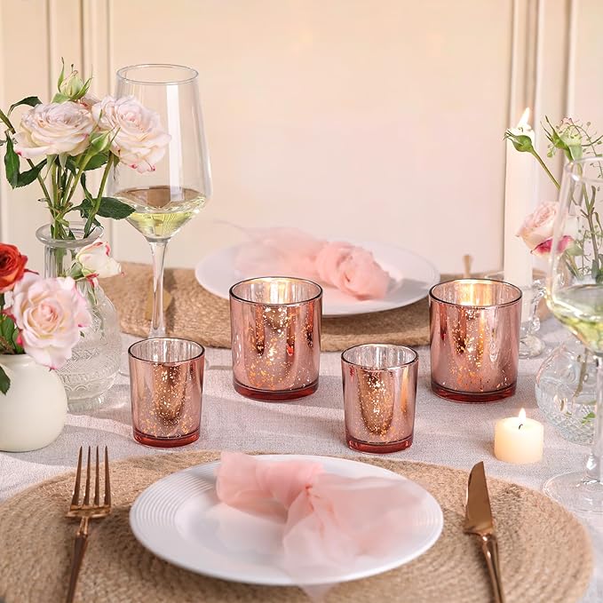 Volens 24pcs Assorted Rose Gold Votive Candle Holders for Wedding Table Centerpieces, Large Mercury Glass Votives for Tealight Candle, Rose Gold Party Decorations for Bridal and Baby Shower