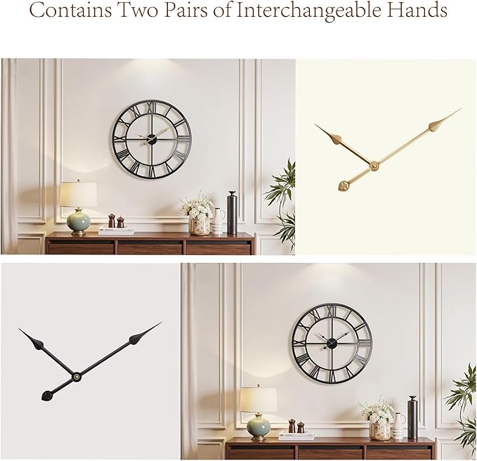 Vantic 24 Inch Large Wall Clock, Roman Numeral Metal Oversized Wall Clocks for Living Room Decor, Bedroom and Kitchen, Completely Silent, Non Ticking, Battery Operated