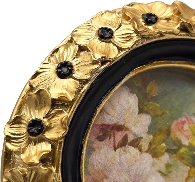 SYLVIA'S SHOP 3x3 Small Vintage Round Picture Frame, Mini Antique Gold Ornate Circle Photo Frame, for Tabletop and Wall Display, Decorative Floral Design Retro Home Decor, Photo Gallery Art