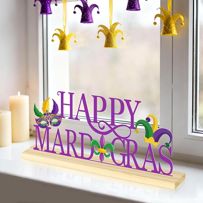 Happy Mardi Gras Metal Table Sign, Mardi Gras Table Decoration Centerpiece, Metal Letter Sign with Wooden Base, Holiday Tabletop Decor for Home, Office, Mantel, Party Supplies