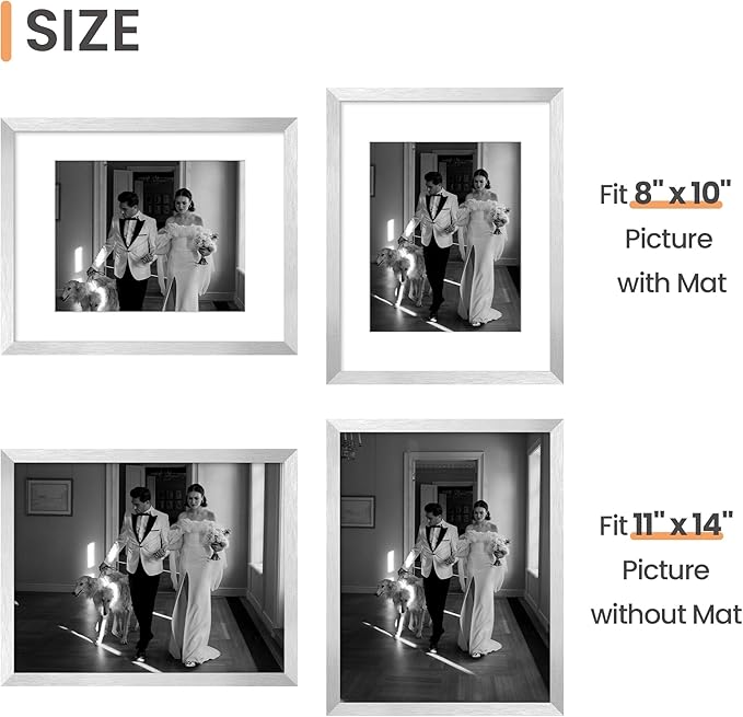 upsimples 11x14 Picture Frame, Display Pictures 8x10 with Mat or 11 x 14 Without, Wall Hanging Photo Frames, Silver, 1 Pack