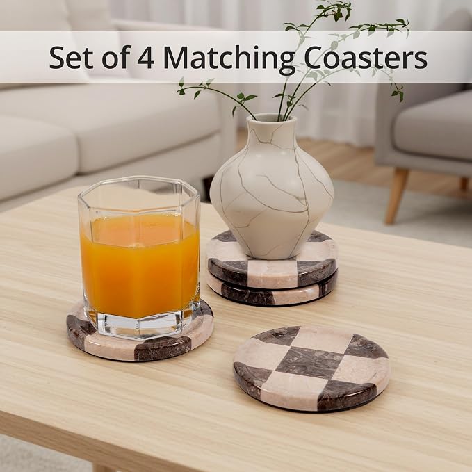Marble Coasters Set of 4, Oceanic & Verona Handmade 4 inch Round Stone Coaster, Decorative Cup Coaster Plates for Dining Table, Housewarming Gift & Luxury Kitchen Accessories