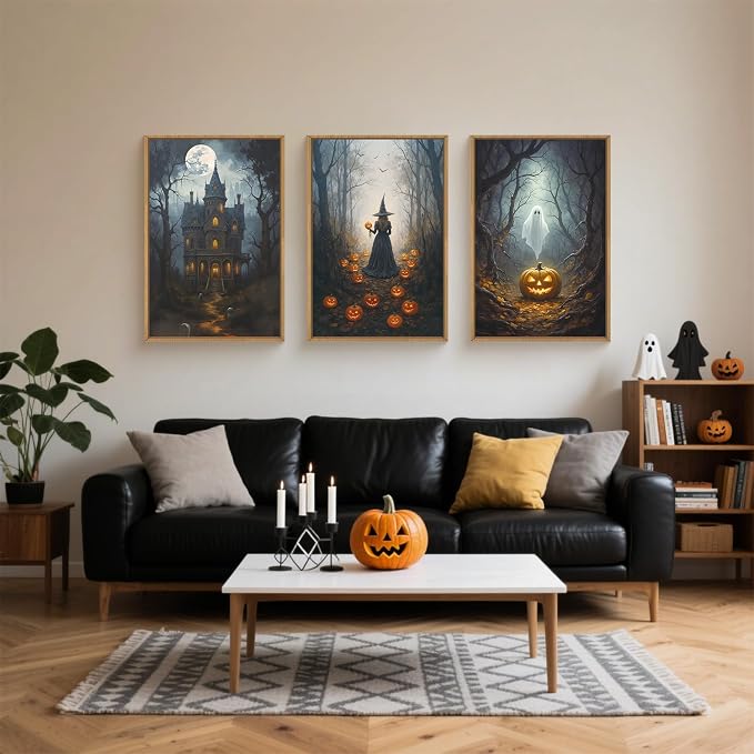 Halloween Moon Castle Framed Canvas Wall Art Set, Scary Dark Forest Witch Wall Decor, Cute Ghost Wall Painting, Pumpkin and Bats Art Prints for Gothic Party, Living Room, Club -16"x24"x3