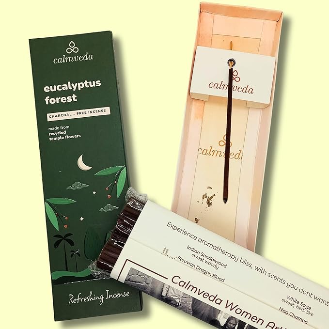 Calmveda Forest Eucalyptus Incense Sticks - 80 Charcoal Free Incense Sticks, Made from Upcycled Flowers | Crisp, Refreshing Aroma of Rainforest, Transports You to Eucalyptus Forest