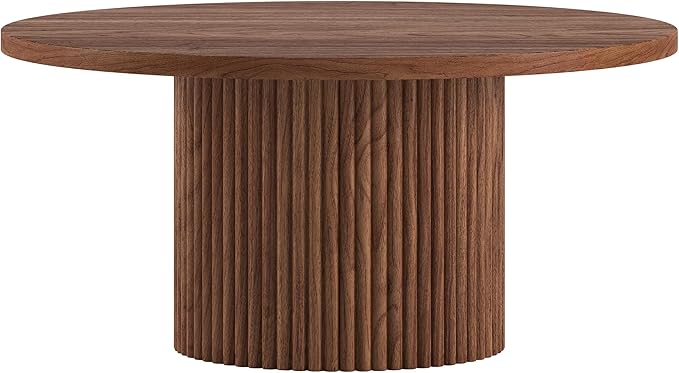 Henn&Hart 32" Fluted Round Wooden Pedestal Low-Profile Coffee Table for Living Room, Family Room, Office, or Apartment, Medium Walnut