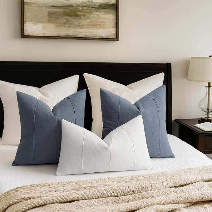 ZWJD Decorative Linen Throw Pillow Covers 22x22 Set of 2 Solid Handcrafted Striped Cushion Covers for Bed Soft Modern Farmhouse Neutral Pillowcase for Couch Bedroom Living Room Home Decor(Slate Blue)