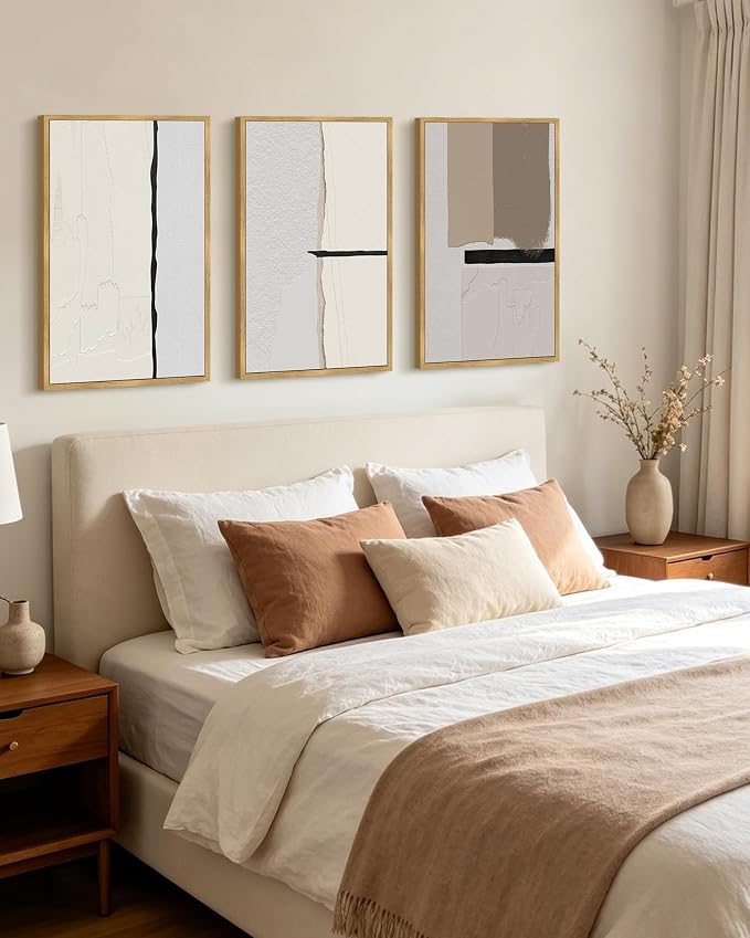 PHOPAGO Neutral Abstract Framed Wall Art Large 16x24in Beige Mid Century Textured Wall Decor Minimalist Modern Illustrations Prints for Ding Room Bedroom Decor - Natural Framed