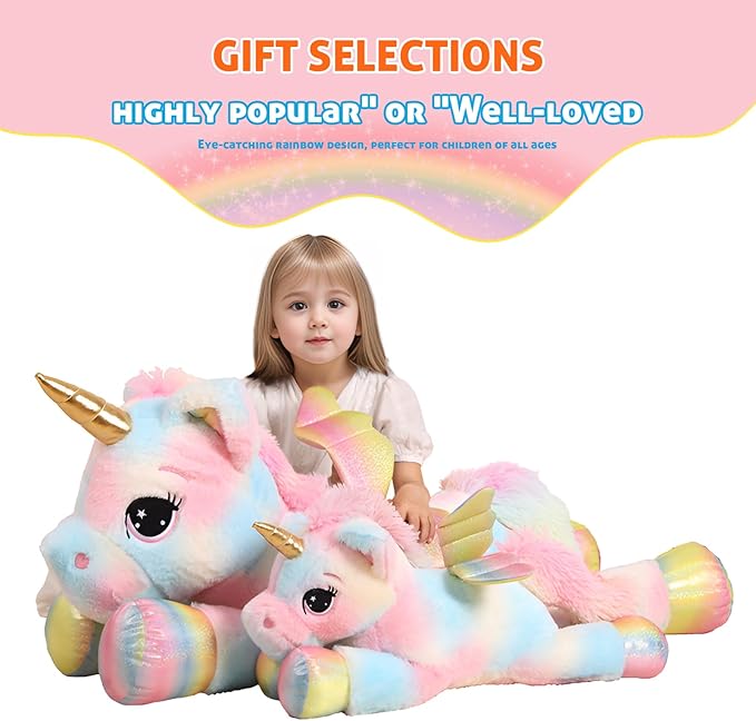 FFxiong 44 Inch Giant Color Unicorn Stuffed Animal Pillow, Cute Soft Big Unicorn with Rainbow Wings Large Plush Toy, Gifts for Girlfriend Girl Boy Kids Christmas Birthday Valentines
