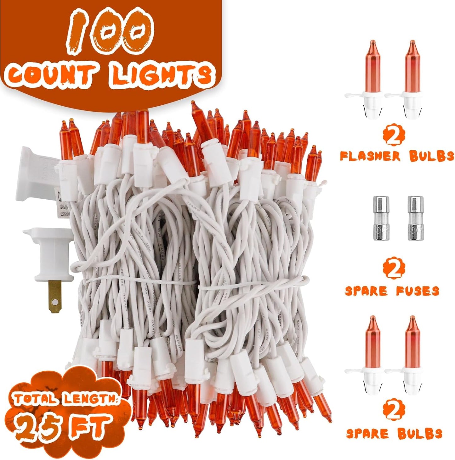 Christmas Mini String Lights Orange, 25FT 100 Count Incandescent Connectable Halloween Lights, UL Listed Waterproof Christmas Decorations for Indoor Outdoor Party Home Garden Decor, White Wire