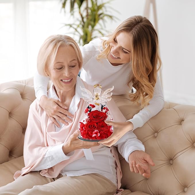 Bessol Gifts for Mom Birthday Flowers for Women Mothers Day Flowers for Delivery Preserved Roses Forever Flower in Glass Angel Figurines Fresh Eternal Rose for Grandma Wife Sister Daughter Friends