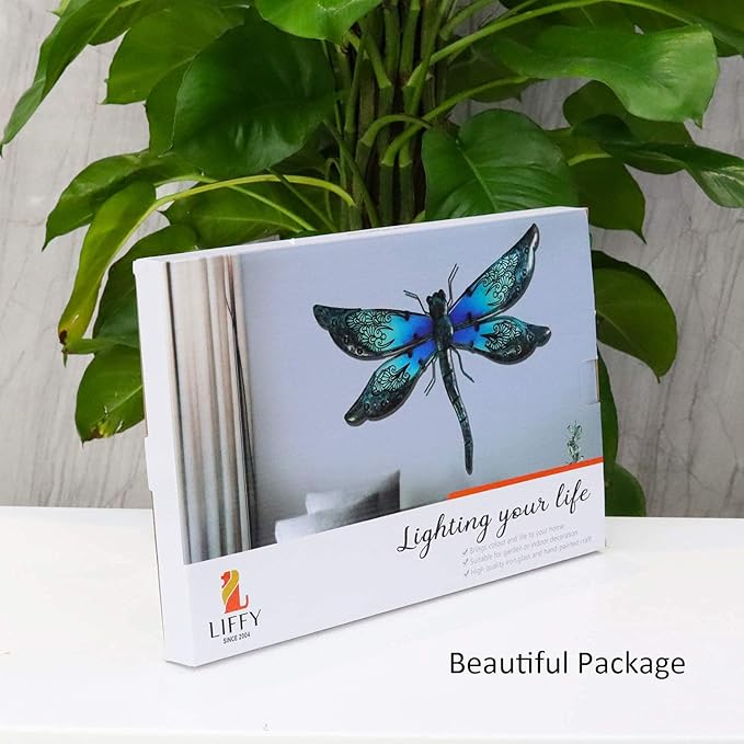 LIFFY Metal Dragonfly Wall Decor - Outdoor Garden Art for Patio, Living Room, Bedroom - Dragonfly Gifts (14inch, Metal & Glass)