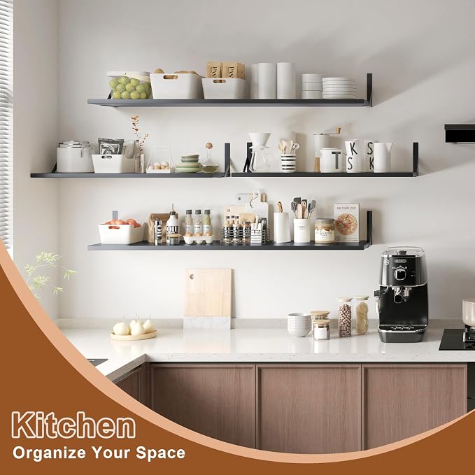 Large Wall Shelves, 31.5" W x 12" D Long Floating Shelves Set of 2, Wide Display Wood Shelf Wall Mounted with Heavy-Duty Metal Brackets for Bedroom Books, Living Room, Kitchen, Black