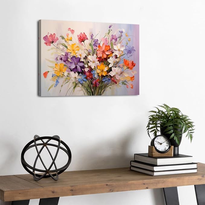 Colorful Flower Canvas Wall Art Yellow Orange Purple Wildflower Painting Prinrts for Teen Girls Room Decor Botanical Picture Floral Poster Modern Framed Artwork Bathroom Bedoom Home Decoration 12"x16"