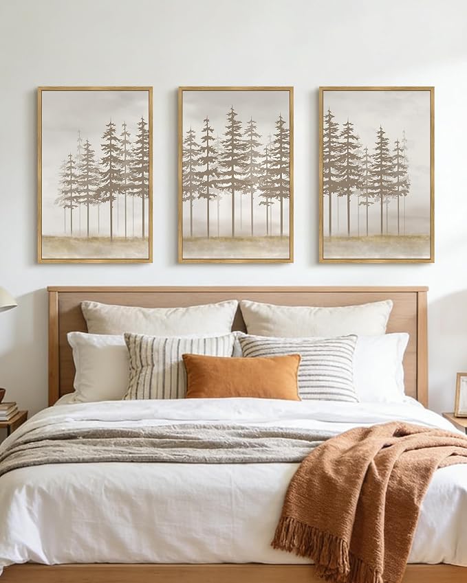 PHOPAGO Watercolor Foggy Pine Tree Framed Wall Art Large 16x24in Nature Abstract Misty Forests Wall Decor Farmhouse Rustic Paints for Bedroom Home Office - Natural Framed