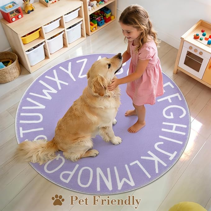 Topotdor Round Kids Play Rug Alphabet Nursery Area Rug Extra Large Soft Crawling Play Mat for Children Toddlers Bedroom (47 inch, Purple)
