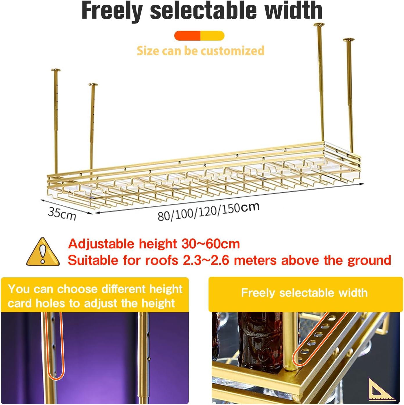 Ceiling Wine Hanger with Acrylic Board - Adjustable Iron Hanging Wine Glass and Bottle Rack - 31.5''x13.8'' Black