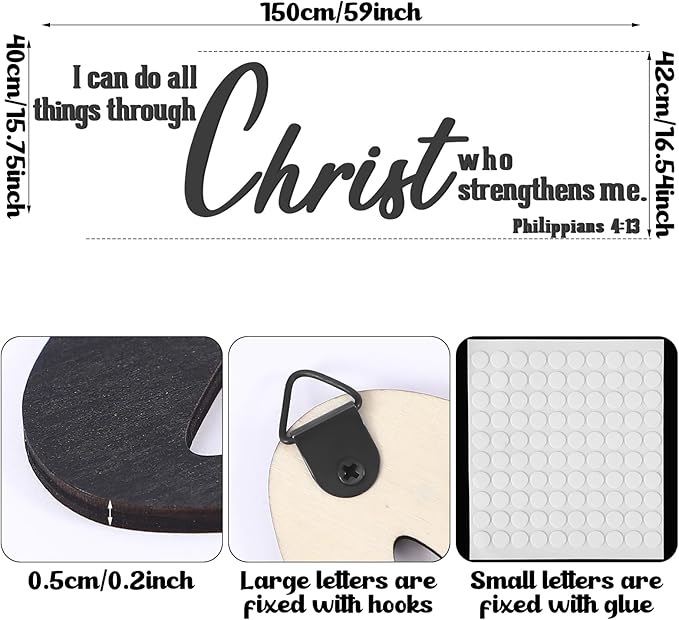 AceOrbit Christian Bible Verses Wall Art Decor I Can Do All Things Through Christ Who Strengthens Me 15.7" x 59" Wooden Religious Scripture Jesus Wall Decor 3D Letters Decoration for Church Home