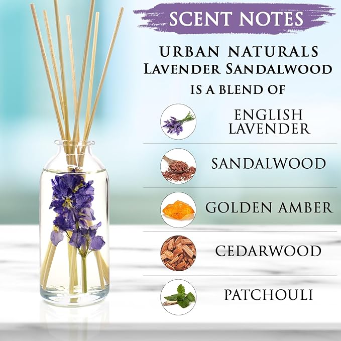Urban Naturals Lavender Sandalwood Essential Oil Reed Diffuser Set with Natural Bamboo Reeds Sticks | Aromatic Lavender, Golden Amber & Woods | Vegan. Made in the USA