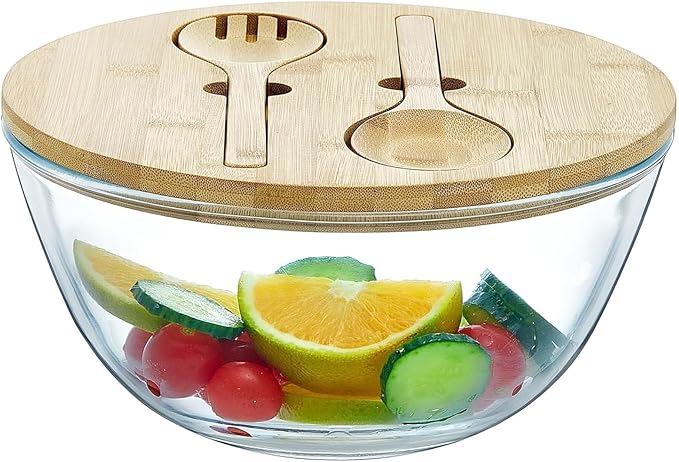 JOYMAY Glass Salad Bowl, 10.7inch Salad Bowl with Lid Thick Glass Mixing Bowls Serving Bowls, 4.7 Quart Large Salad Bowls with Bamboo Utensils, Trifle Bowl Fruit Bowl for Salad, Pasta, Microwave Safe