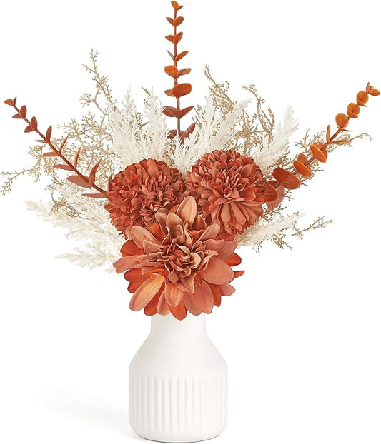 Mkono Small Artificial Flowers in Ceramic Vase 12.5" Centerpieces Coffee Table Decor, Silk Flower Arrangements for Home Decor Indoor Fake Flower Bouquet for Bathroom Dining Room Kitchen Wedding Brown
