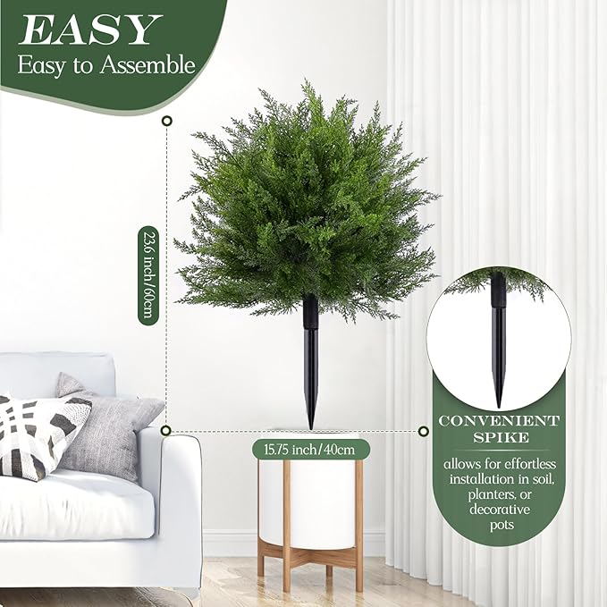 FAJUNZH Artificial Topiary Bushes for Outdoors with Spike, Boxwood Ball Fake Shrubs UV Resistant Faux Plants for Indoor Outdoor Fall Thanksgiving Halloween Decor (Cedar Topiary Ball Trees)
