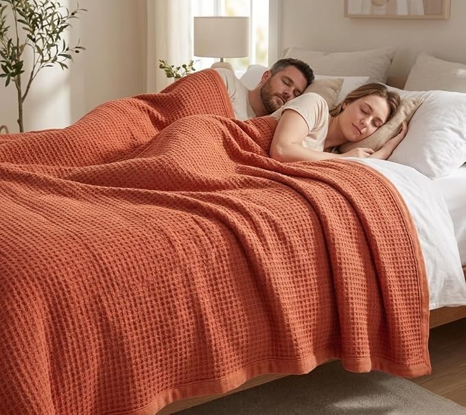 TreeWool Premium 100% Cotton Waffle Summer King Blanket (90"x108", Rust) | 420 GSM Breathable Lightweight Moisture Wicking Soft Knit Thermal Blanket for Bed or Sofa All-season Comfort Machine Washable