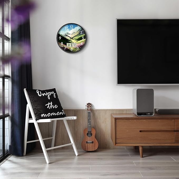 14 Inch Mountain Wildflowers Wall Clock, Silent Non-Ticking Battery Operated Analog Clock with LCD Calendar & Temperature Display, Modern Wall Clock for Living Room, Bedroom, Farmhouse, Cottage Decor