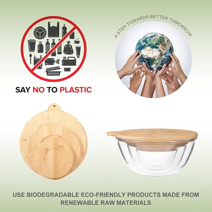 JOYMAY Glass Salad Bowls, Set of 3 Glass Bowls with Bamboo Lids Large Serving Bowl for Salad, Pasta, Desserts, W/Bamboo Utensils Salad Fruit Nesting Bowl for Cooking,Baking,Prepping,Serving & Storage