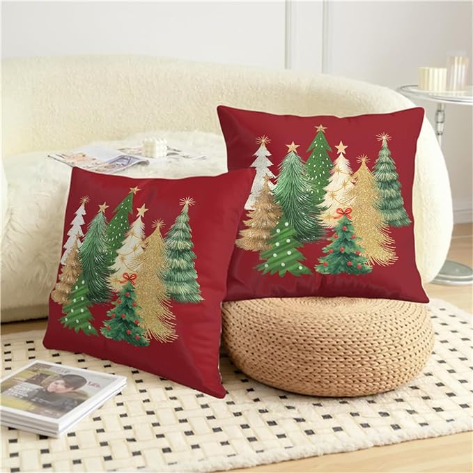 Red Christmas Pillow Covers 16x16 Set of 2 Gold Green Xmas Tree Pillow Case Winter Holiday Throw Pillow Covers Double Sided Printing Decorative Cushion Case for Couch Sofa