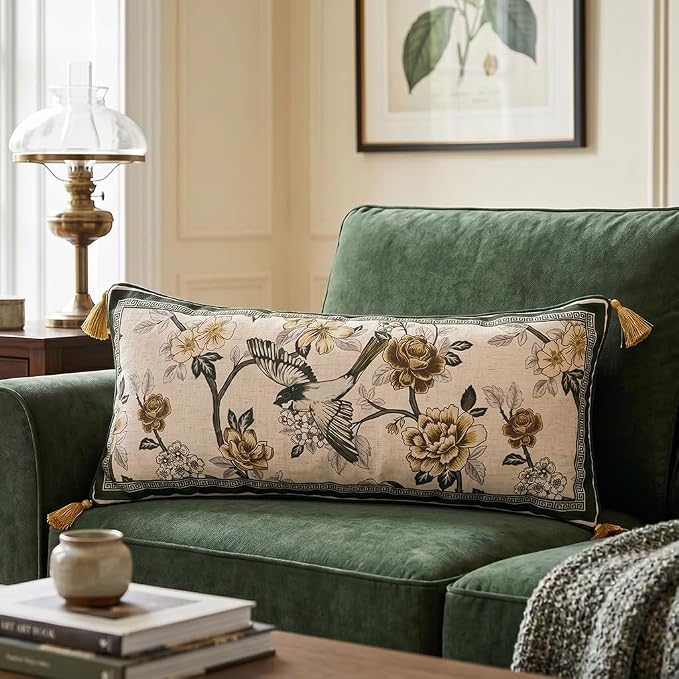ISAENNE Vintage Elegant Linen Rectangle Throw Pillow Cover,28"x12"-Murad A | Designer French Decor Pillow Cover,Concealed Zipper Design,Floral and Bird Pattern,Sofa,Bedroom,Living Room,Lounge Chairs