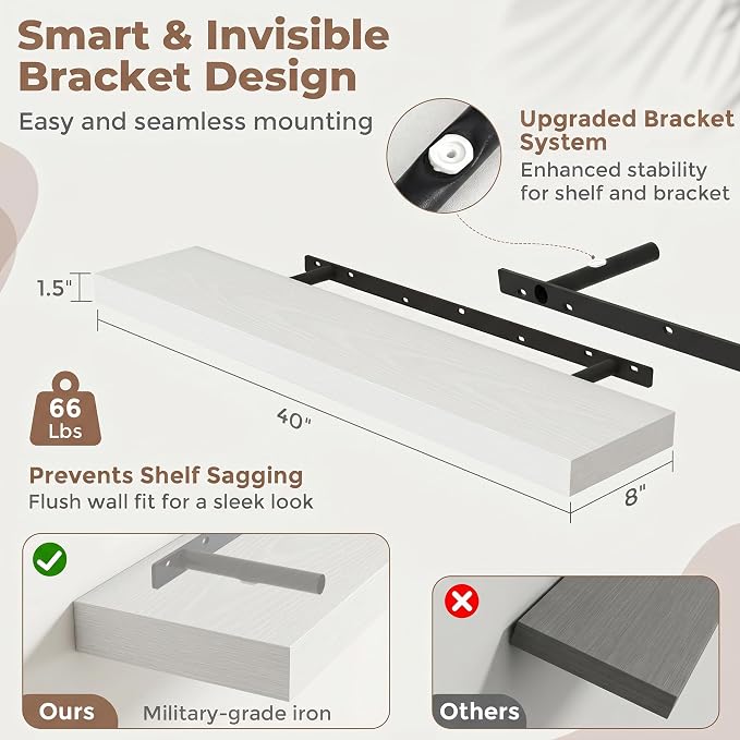 40 Inch Floating Shelves for Wall, 8"D Wood Storage Shelves, White Finish | Engineered Wood, Invisible Bracket, Large Storage, Easy Install, Hold Up to 66lbs, Living Room, Bathroom, Bedroom, Kitchen