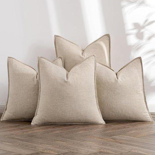 MIULEE Beige Linen Pillow Covers Pack of 4 Decorative Natural Solid Throw Pillow Covers Soft Accent Boho Farmhouse Couch Pillowcases Modern Spring Home Decors for Living Room Bed Sofa 18x18 Inch