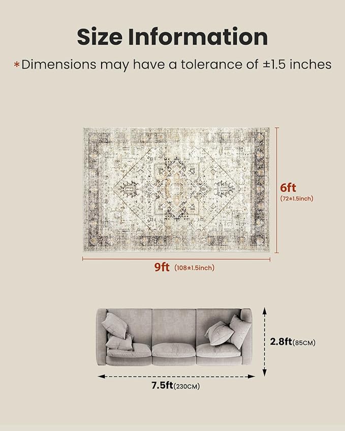 AMADA HOMEFURNISHING 6x9 Area Rugs, Blue Low-Profile Washable Rug with Non-Slip Backing & Durable Edge Binding, Vintage Rugs for Living Room, Bedroom, Dinning Room