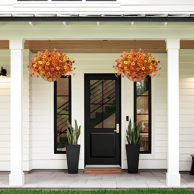 Artificial Flowers Fall Hanging Basket Plants for Outdoor Decorations, Fake Mums Faux Silk Flower UV Resistant Autumn Decor for Outside Garden Patio Front Porch Balcony Window (Orange Yellow Brown)