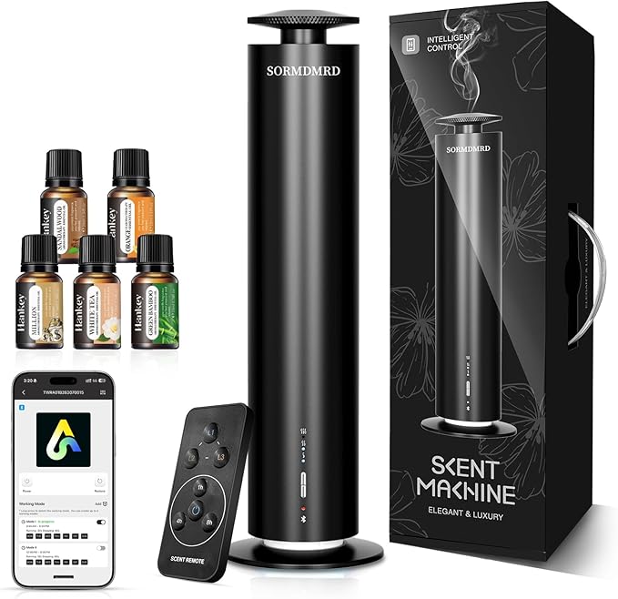 Waterless Scent Diffuser Starter Kit with 5 Oils Covers up to 2000 Sq Ft | Cold Air Diffusers for Home, Hotel, Office, Aromatherapy Diffuser with Adjustable Mist, Timer, App, Remote & Touch Control