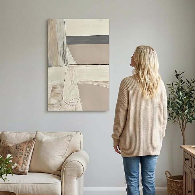 Abstract Canvas Wall Art, 24x36" Hand Painted Original Neutral Oil Painting | Textured White Beige Gray Layered Composition Modern Vertical Wall Decor for Living Room Bedroom Office Framed Ready to Hang