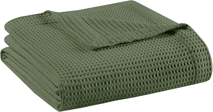 Madison Park 100% Cotton Blanket, Trendy Woven Waffle Weave Design, All Season, Lightweight, Breathable, Soft and Cozy Casual Summer Cover, for Bed, Couch and Sofa, King (108 in x 90 in), Olive Green