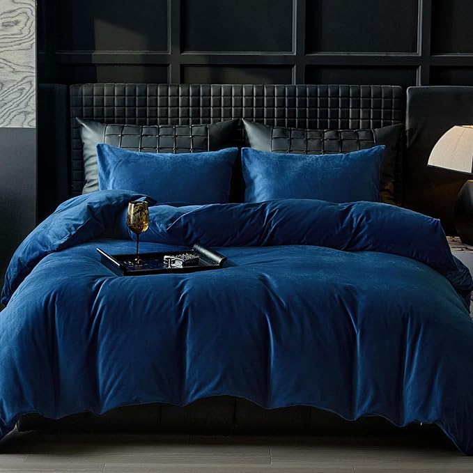 WARMDERN Navy Blue Flannel Velvet Duvet Cover King Size Duvet Cover Bedding Sets, 3pcs Ultra Soft Luxury Textured Modern Crystal Velvet Duvet Covers with Zipper Closure(Navy Blue, King)