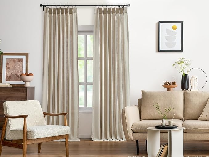 Vision Home Sand Pinch Pleated Light Filtering Curtains with Microfiber Liner 95 inch Linen Blended Textured Privacy Drapes for Living Room Bedroom Back Tabs with Hooks 2 Panels 40"Wx95"L,Camel Beige
