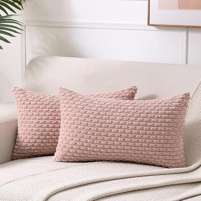 Fancy Homi Set of 2 Pink Lumbar Decorative Throw Pillow Covers 12x20 Inch for Couch Living Room Bed Sofa, Modern Farmhouse Boho Home Decor, Soft Plush Corduroy Rectangle Cushion Case 30x50 cm