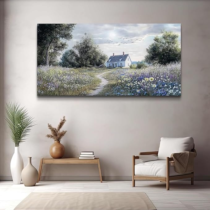 KELIYUAN Wall Art For Living Room Large Wall Decor Canvas Painting Retro Pastoral Flower Sea Landscape Painting Farmhouse Office Bedroom Artwork Picture For Print For Home Decoration 24x48 Inches