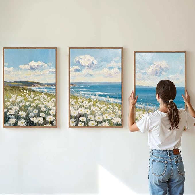 KYLESONLIE Large Summer Wildflower Framed Canvas Wall Art, Cozy White Daisy Wall Decor, Impressionist Coastal Art Paintings, Pastel Seaside Landscape Artwork for Living Room Bedroom Office 16"x24"x3