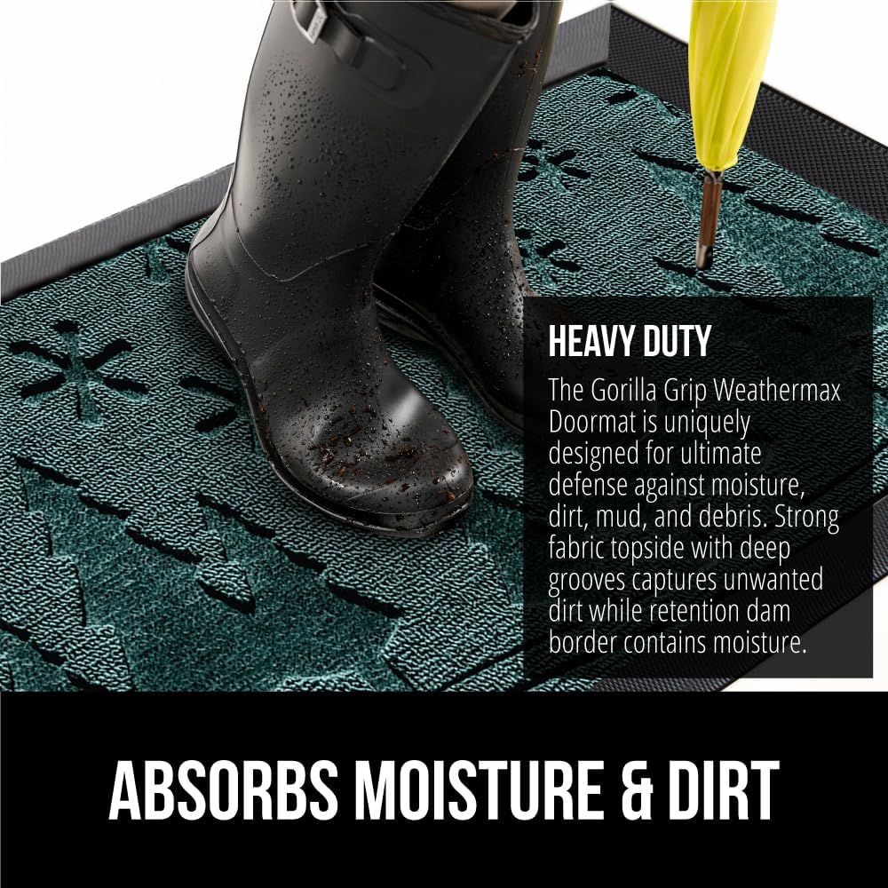 GORILLA GRIP 100% Waterproof All-Season WeatherMax Doormat, 47x35, US Designed Natural Rubber, Stain and Fade Resistant, Low Profile Indoor Outdoor Door Mats, Easy Clean Patio Mat, Green Snowscape