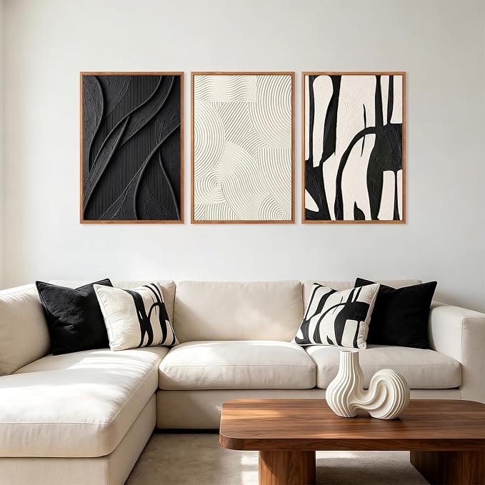 CHDITB 3D Textured Framed Canvas Wall Art Set, Black White Geometric Abstract Curve Impasto Minimalist Wall Decor, Modern Relief Art Prints for Living Room Hallway Bedroom Home Wall Decor 24"x36"x3