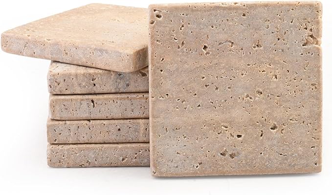 Perilla Home Handcrafted 4-4" Travertine Coaster - Set of 6 Square Coaster for Home, Kitchen or Office, Natural Absorbent Coasters for Hot & Cold Beverages Perfect Table Accessories for Modern Living