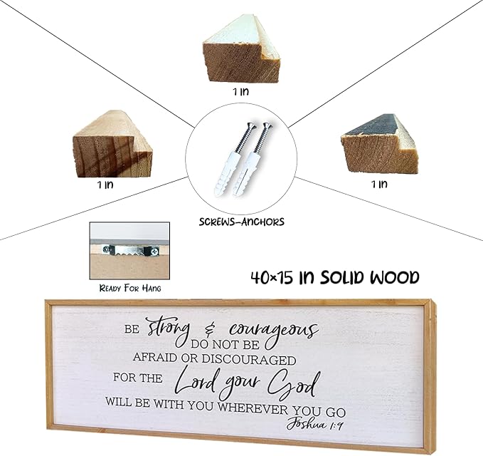 Be Strong And Courageous Sign Wall Decor 40"x15" Large Farmhouse Living Room Plaque Joshua 1:9 Bible Verse Inspirational Quote Positive Faith Home Hanging Rustic Catholic Scripture Christian Art (Wood)
