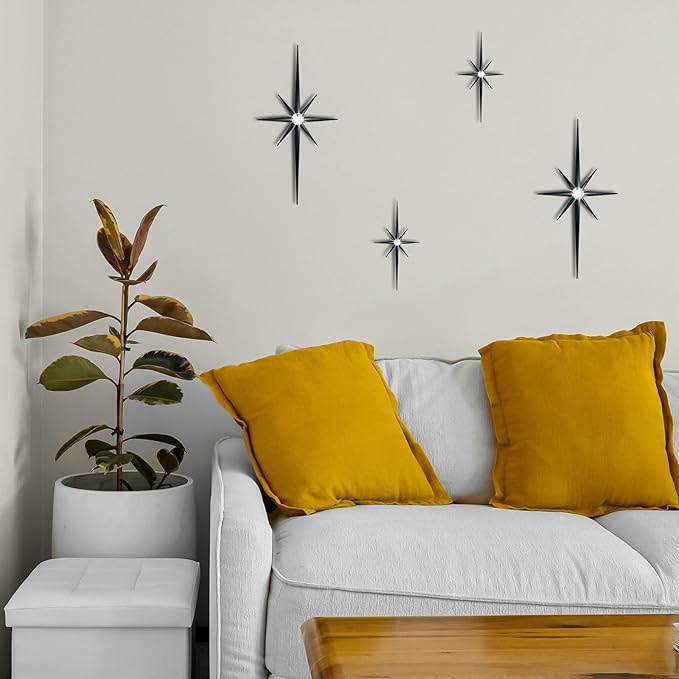4 Pack Metal Star Wall Art 8 Pointed Starburst Wall Decor Set with 2 Large & 2 Small Pieces Mid Century Celestial Metal Wall Sculpture for Bedroom Living Room Office Gallery Wall
